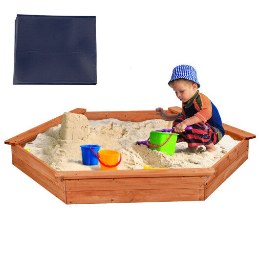 Hexagon Wooden Cedar Sand Box with Seat Boards