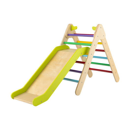 2-in-1 Wooden Triangle Climber Set with Gradient Adjustable Slide-Multicolor W2B