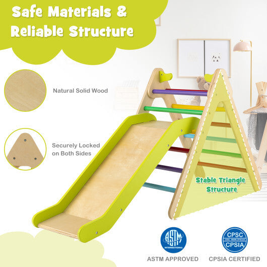 2-in-1 Wooden Triangle Climber Set with Gradient Adjustable Slide-Multicolor W2B