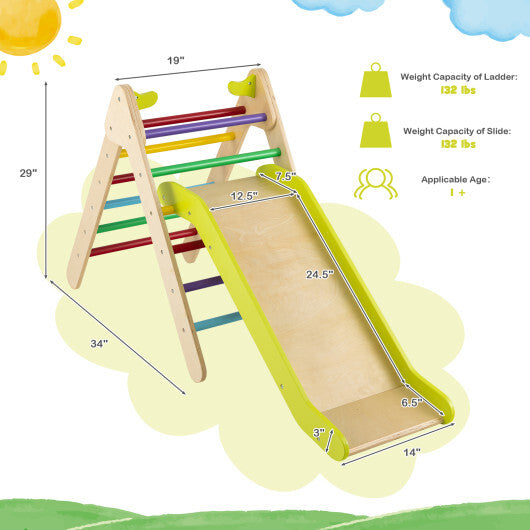 2-in-1 Wooden Triangle Climber Set with Gradient Adjustable Slide-Multicolor W2B