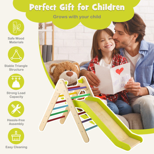 2-in-1 Wooden Triangle Climber Set with Gradient Adjustable Slide-Multicolor W2B