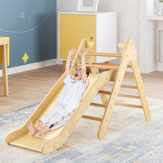 2-in-1 Wooden Triangle Climber Set with Gradient Adjustable Slide-Multicolor W2B