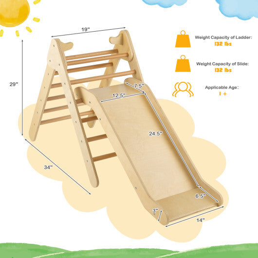 2-in-1 Wooden Triangle Climber Set with Gradient Adjustable Slide-Multicolor W2B