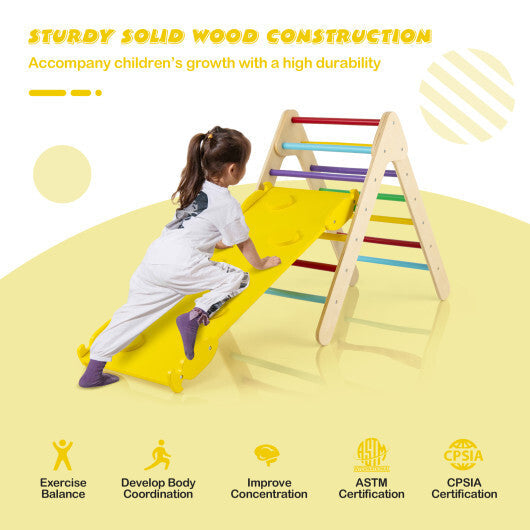 Patented 3-in-1 Wooden Climbing Triangle Set Triangle Climber with Ramp-Multicolor W2B