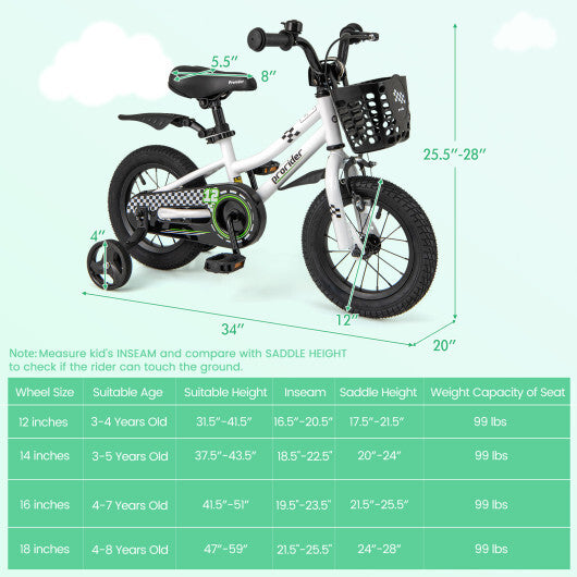 12 Inch Kids Bike Children Bicycle with Training Wheels for 3-4 Years Old-Navy W2B