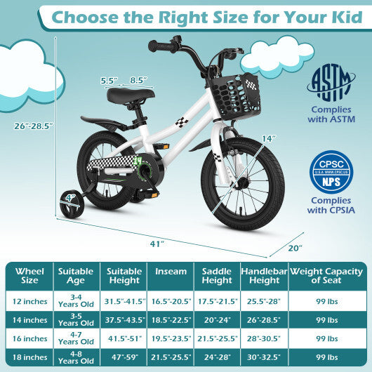 14 Inch Kids Bike White with Blue Helmet Protective Set W2B