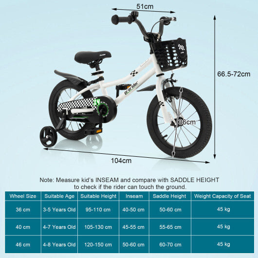 14 Inch Kids Bike with 2 Training Wheels for 3-5 Years Old-Black & White - Color: Black & White W2B