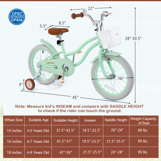 16 Inch Kids Bike with Adjustable Seat and Bell for Kids 3-8 Years Olds-16 inches - Color: Green - Size: 16 inches W2B