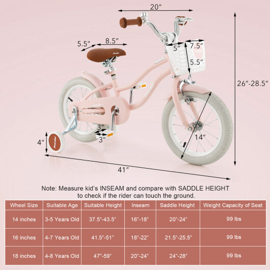 14 Inch Kid's Bike with Removable Training Wheels and Basket-Pink - Color: Pink - Size: 14 inches W2B