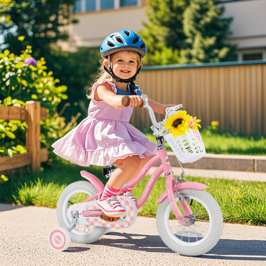12 Inch Kids Bike with Training Wheels and Basket for Boys Girls 3-4 Years Old - Color: Peach - Size: 12 inches W2B