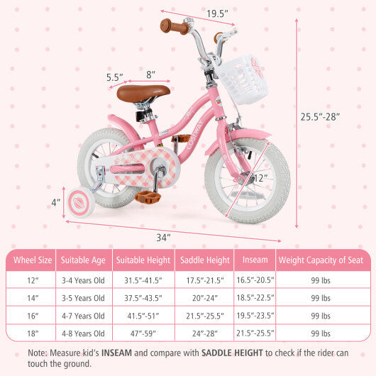 12 Inch Kids Bike with Training Wheels and Basket for Boys Girls 3-4 Years Old - Color: Peach - Size: 12 inches W2B