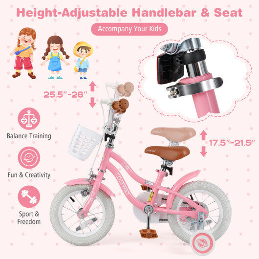 12 Inch Kids Bike with Training Wheels and Basket for Boys Girls 3-4 Years Old - Color: Peach - Size: 12 inches W2B
