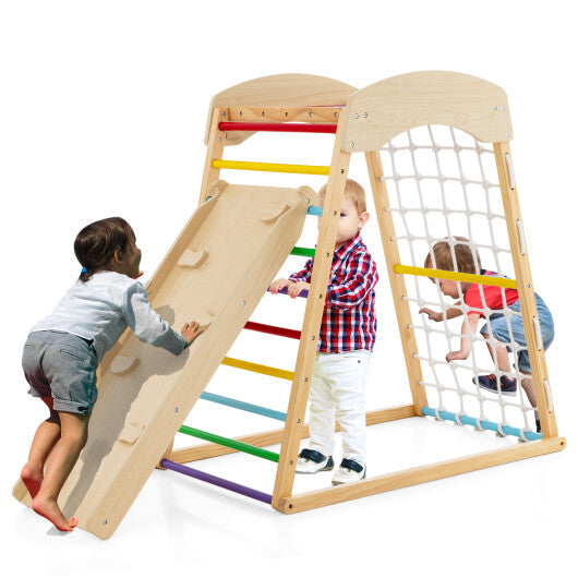 6-in-1 Jungle Gym Wooden Indoor Playground with Double-Sided Ramp and Monkey Bars-Multicolor
