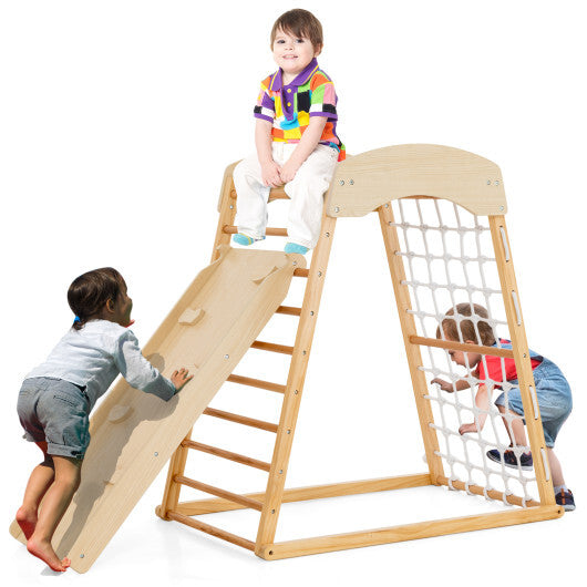 6-in-1 Jungle Gym Wooden Indoor Playground with Double-Sided Ramp and Monkey Bars-Multicolor