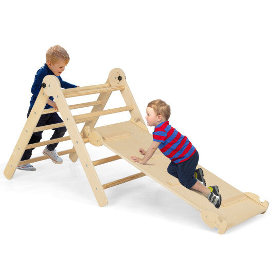 3-in-1 Climbing Set Foldable and Adjustable Kids Triangle Set-Natural W2B
