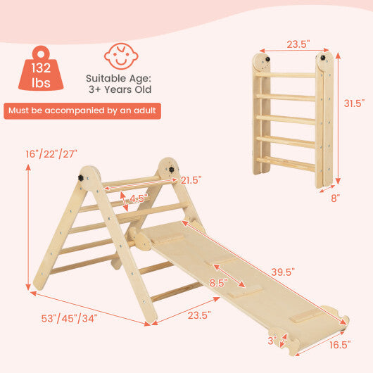 3-in-1 Climbing Set Foldable and Adjustable Kids Triangle Set-Natural W2B