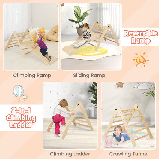 3-in-1 Climbing Set Foldable and Adjustable Kids Triangle Set-Natural W2B