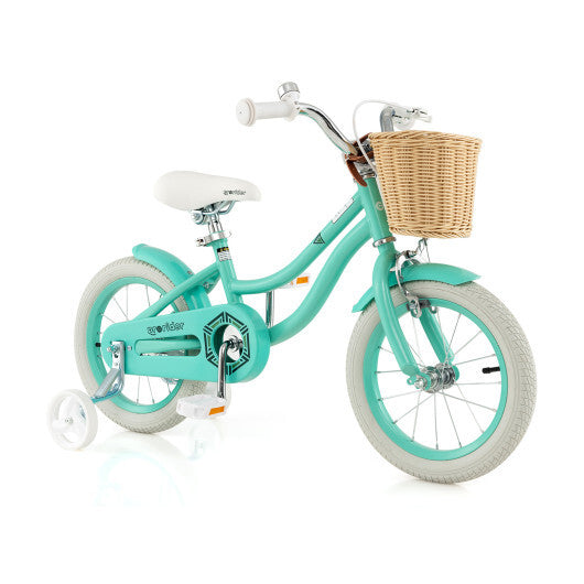 14-Inch Kids Bike with Training Wheels and Adjustable Handlebar Seat-Green - Color: Green W2B