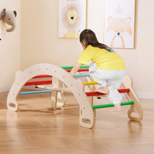 4-in-1 Multifunctional Wooden Climbing Toys with Rocker and Crawling Tunnel-Multicolor W2B