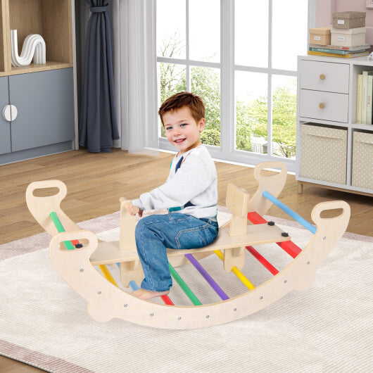 4-in-1 Multifunctional Wooden Climbing Toys with Rocker and Crawling Tunnel-Multicolor W2B