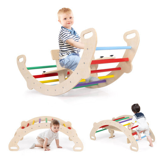 4-in-1 Multifunctional Wooden Climbing Toys with Rocker and Crawling Tunnel-Multicolor W2B