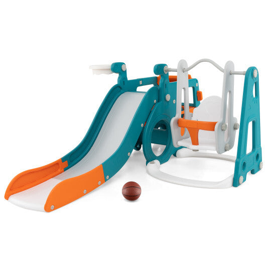 5-in-1 Kids Slide and Swing Set with Mini Bus and Basketball Hoop-Multicolor W2B