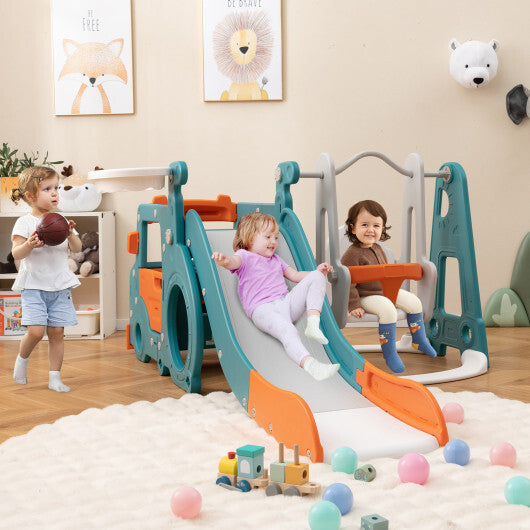 5-in-1 Kids Slide and Swing Set with Mini Bus and Basketball Hoop-Multicolor W2B