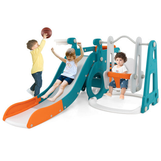 5-in-1 Kids Slide and Swing Set with Mini Bus and Basketball Hoop-Multicolor W2B