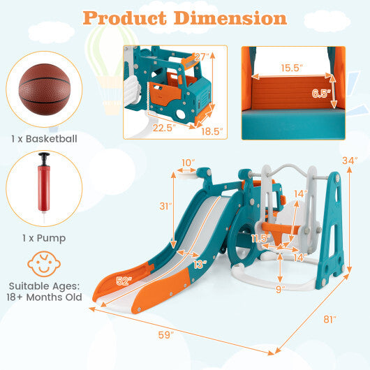 5-in-1 Kids Slide and Swing Set with Mini Bus and Basketball Hoop-Multicolor W2B