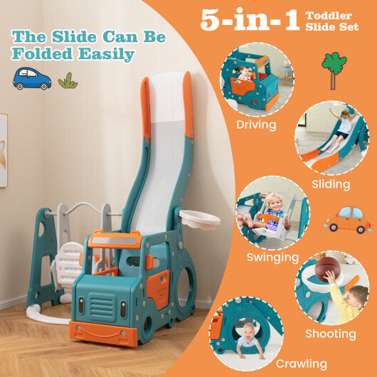 5-in-1 Kids Slide and Swing Set with Mini Bus and Basketball Hoop-Multicolor W2B