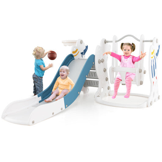 4-in-1 Kids Slide and Swing Set with Basketball Hoop-Blue W2B