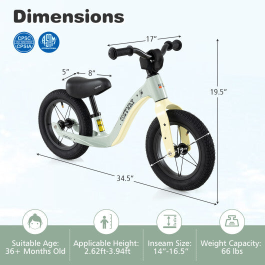 12-Inch Balance Bike with Adjustable Seat and Rotatable Handlebar for Over 36 Months Old-Green - Color: Green - Size: 12 inches W2B