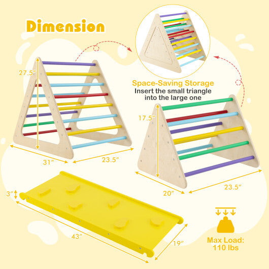 3 Piece Toddler Triangle Set Montessori with 2 Climbing Triangles and 1 Ramp-Colorful W2B