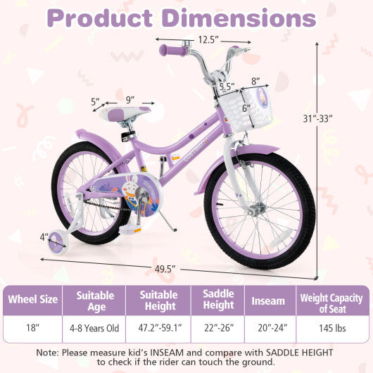 18 Inch Girl Bike with Basket with Detachable Training Wheels for 4-8 Years Old-18 inches