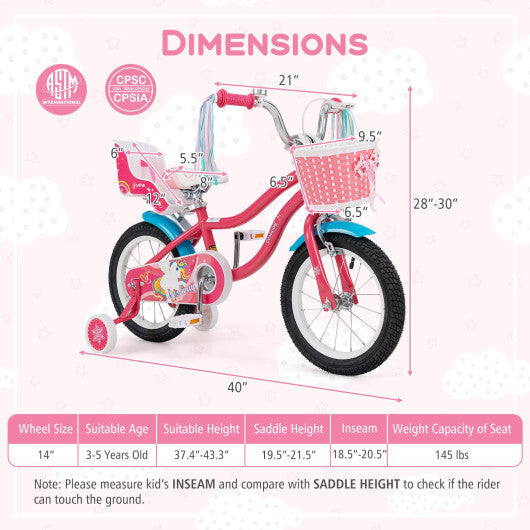 14 Inch Girls Bike for 3-5 Years Old Kids Bike with Doll Seat and Training Wheels