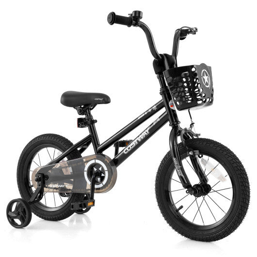 14 Inch Kids Bike with Basket and Training Wheels for Children Aged 4-5 Years Old - Color: Black - Size: 14 inches W2B