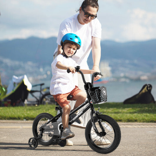 14 Inch Kids Bike with Basket and Training Wheels for Children Aged 4-5 Years Old - Color: Black - Size: 14 inches W2B