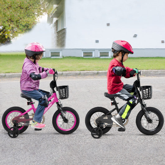 14 Inch Kids Bike with Basket and Training Wheels for Children Aged 4-5 Years Old - Color: Black - Size: 14 inches W2B