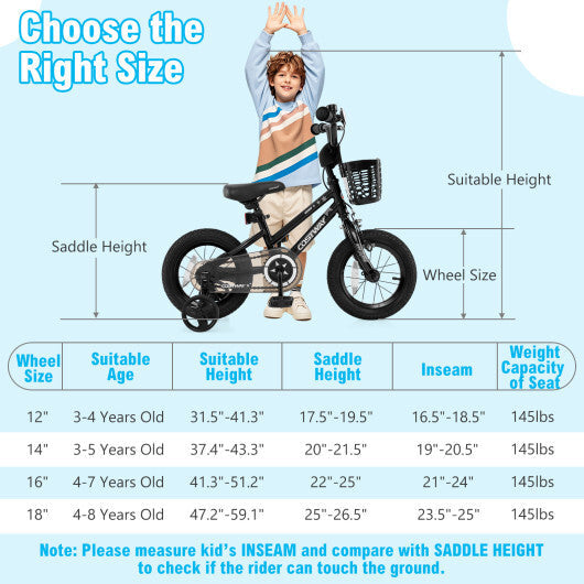 14 Inch Kids Bike with Basket and Training Wheels for Children Aged 4-5 Years Old - Color: Black - Size: 14 inches W2B