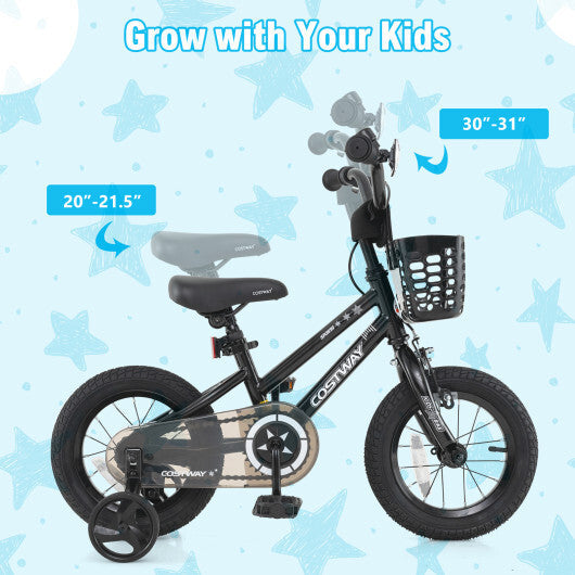 14 Inch Kids Bike with Basket and Training Wheels for Children Aged 4-5 Years Old - Color: Black - Size: 14 inches W2B