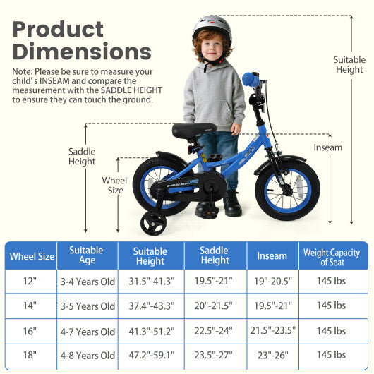 12/14/16/18 Inches Kids Bike with Removable Training Wheels and Adjustable Seatfor 3-8 Years Old Navy-12 inches - Color: Navy - Size: 12 inches W2B