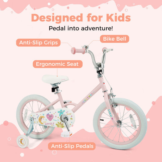 16 Inch Kids Bike Adjustable for 3-8 Years Old Children Pink - Stars & Moon - Color: Pink - Size: 16 inches W2B