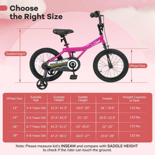 16-Inch Kids Bike with Removable Training Wheels Pink-Brave Hero - Size: 16 inches W2B