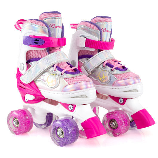 Kids Roller Skates 4 Sizes Adjustable Quad Skates with Light-up Wheels and Safety Protection-Rose Red W2B
