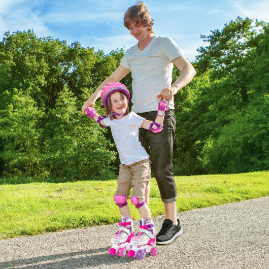 Kids Roller Skates 4 Sizes Adjustable Quad Skates with Light-up Wheels and Safety Protection-Rose Red W2B