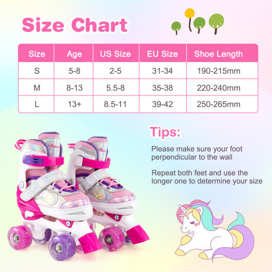 Kids Roller Skates 4 Sizes Adjustable Quad Skates with Light-up Wheels and Safety Protection-Rose Red W2B