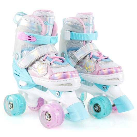 Kids Roller Skates 4 Sizes Adjustable Quad Skates with Light-up Wheels and Safety Protection-Rose Red W2B