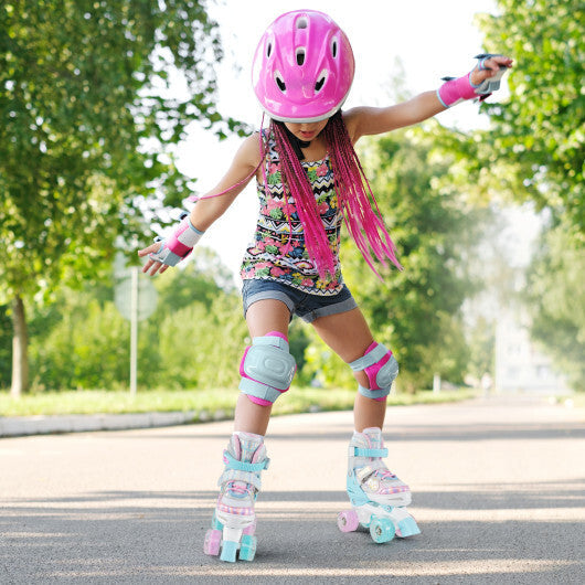Kids Roller Skates 4 Sizes Adjustable Quad Skates with Light-up Wheels and Safety Protection-Rose Red W2B