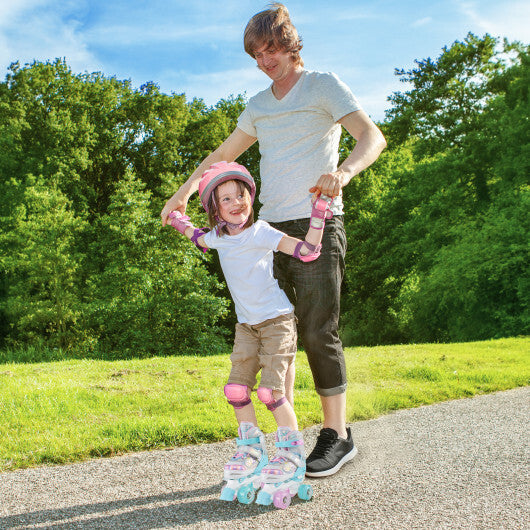 Kids Roller Skates 4 Sizes Adjustable Quad Skates with Light-up Wheels and Safety Protection-Rose Red W2B