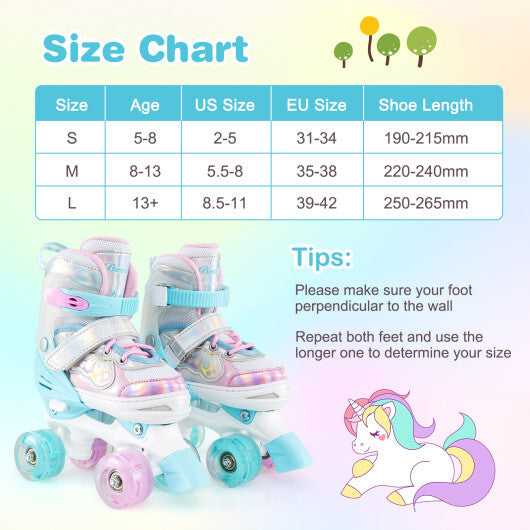 Kids Roller Skates 4 Sizes Adjustable Quad Skates with Light-up Wheels and Safety Protection-Rose Red W2B